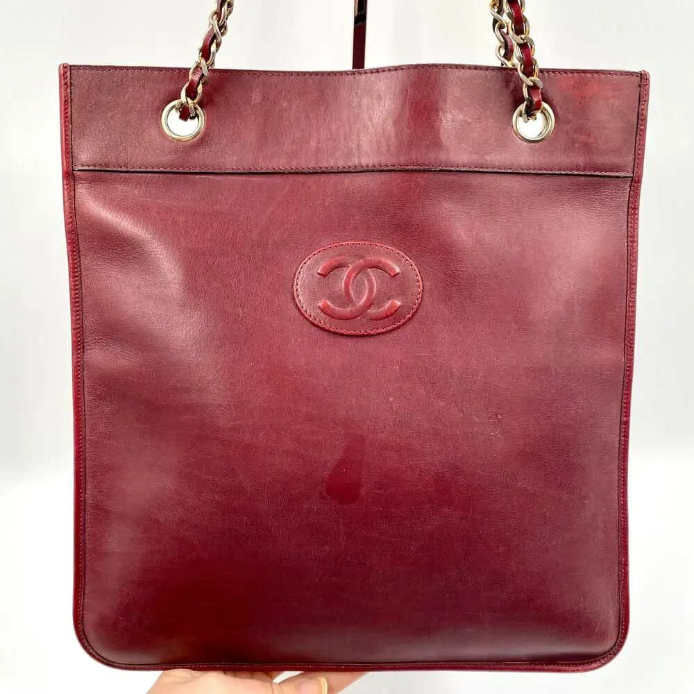 Chanel Burgundy Lambskin Leather Flat Tote Bag Large Classic CC Chain Vintage